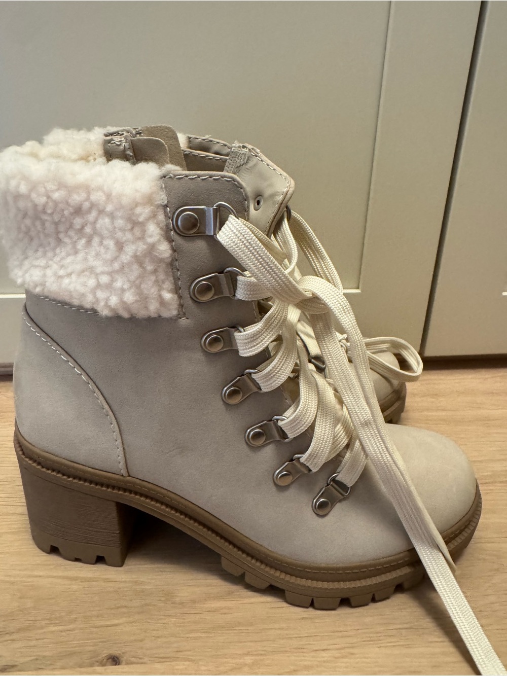 Pink Lily Cream Lace-Up Faux Shearling Ankle Booties